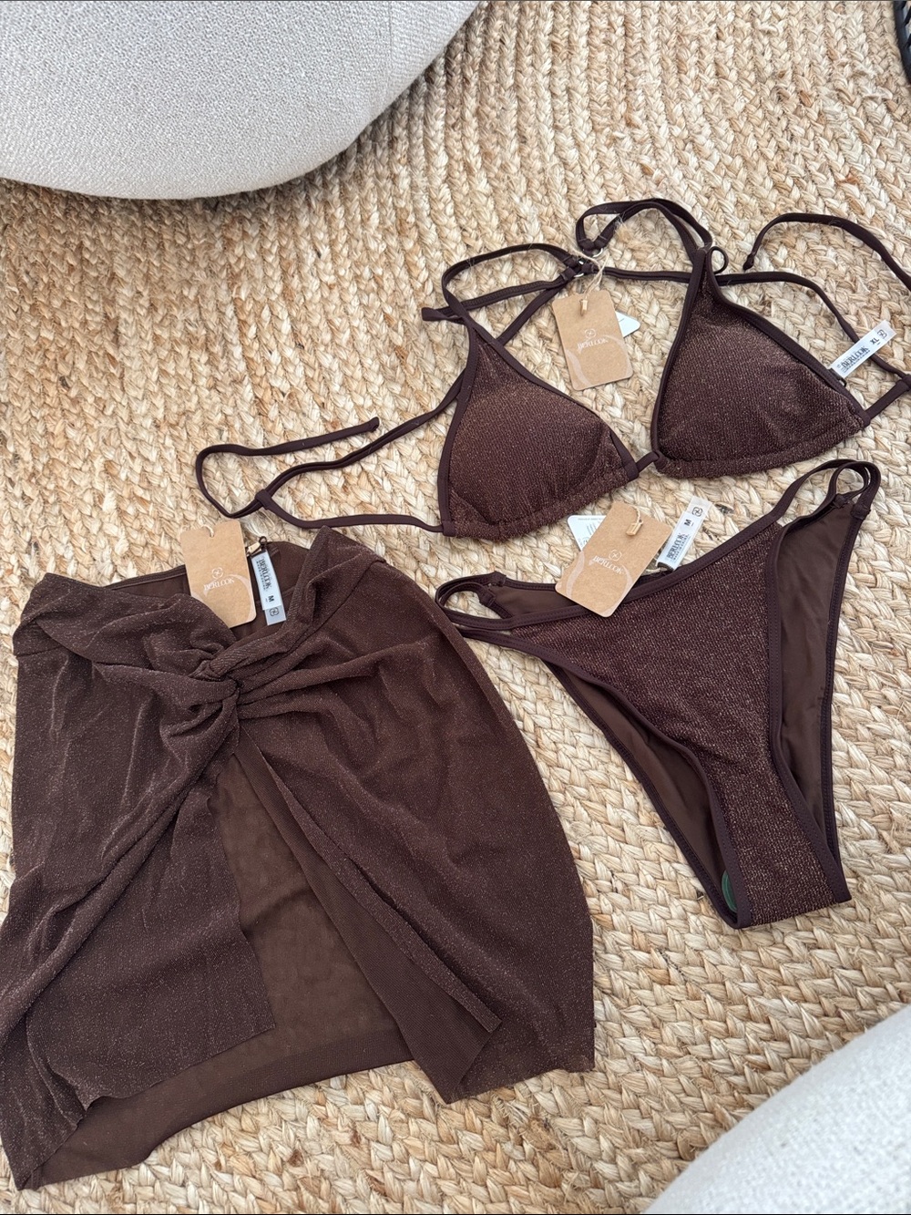 Shimmery Brown Triangle Bikini Set with Sarong